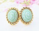 Green Mosaic Stud Earrings - Apple Green Mosaic Gold Plated Rope Oval Post Earrings - Preppy Bridesmaid, Wedding, Bridal