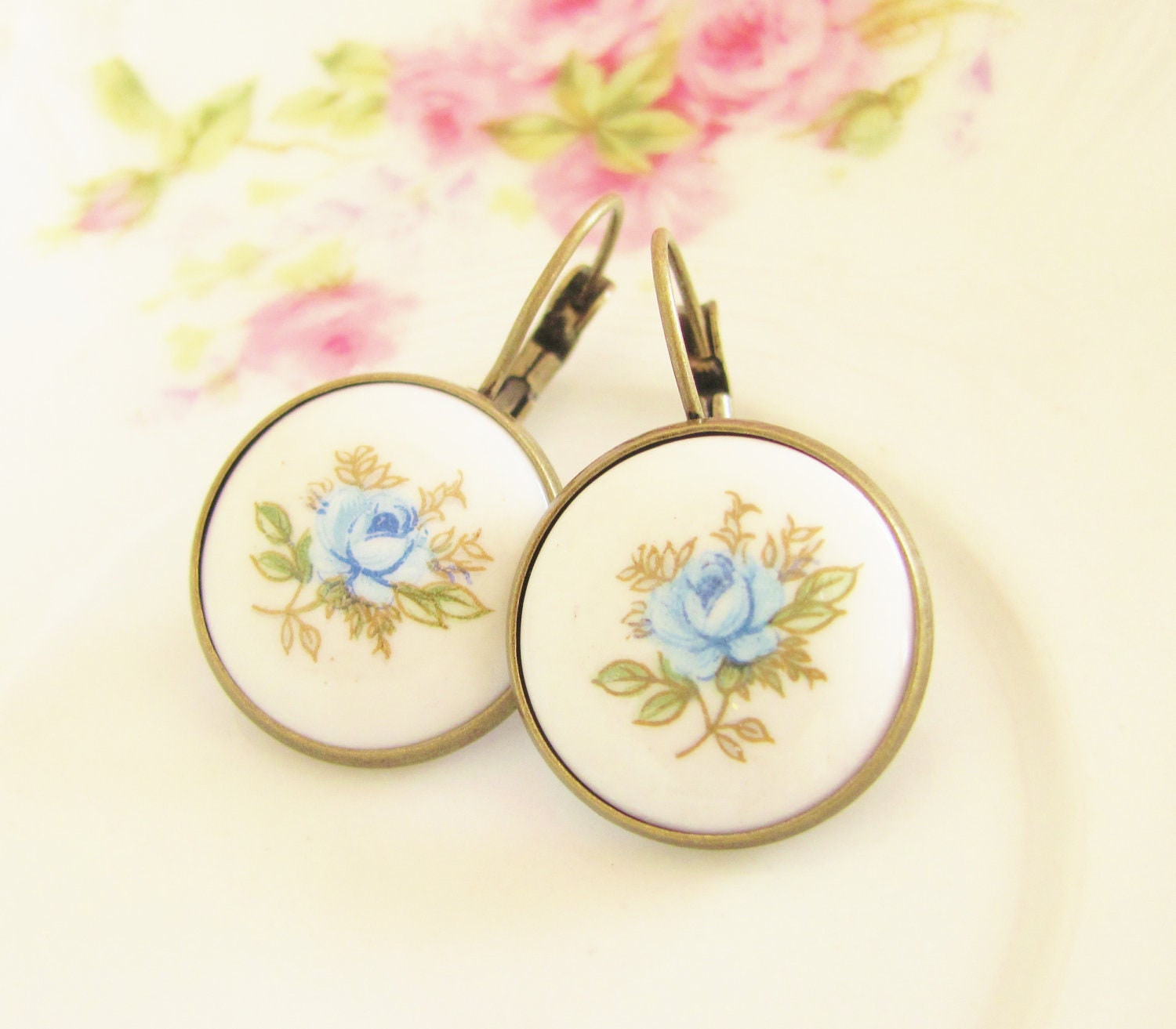 Blue Rose Earrings - Vintage Porcelain Rose Flower Antique Brass Lever Back Drop Dangles - Blue Romantic Wedding, Bridal Bridesmaid Earrings