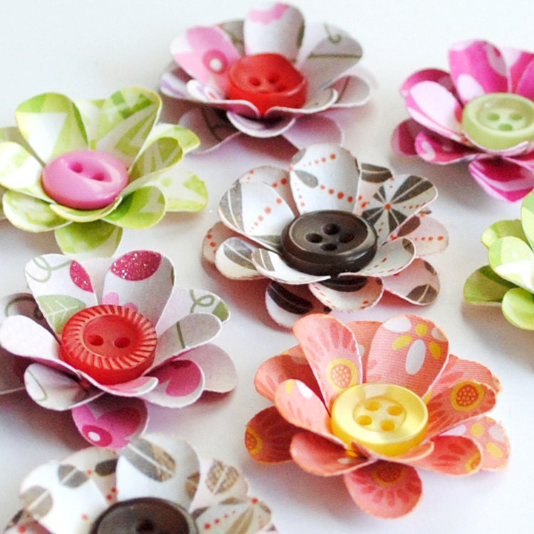 HANDMADE Layered FLOWERS with BUTTON Centers - 9 count