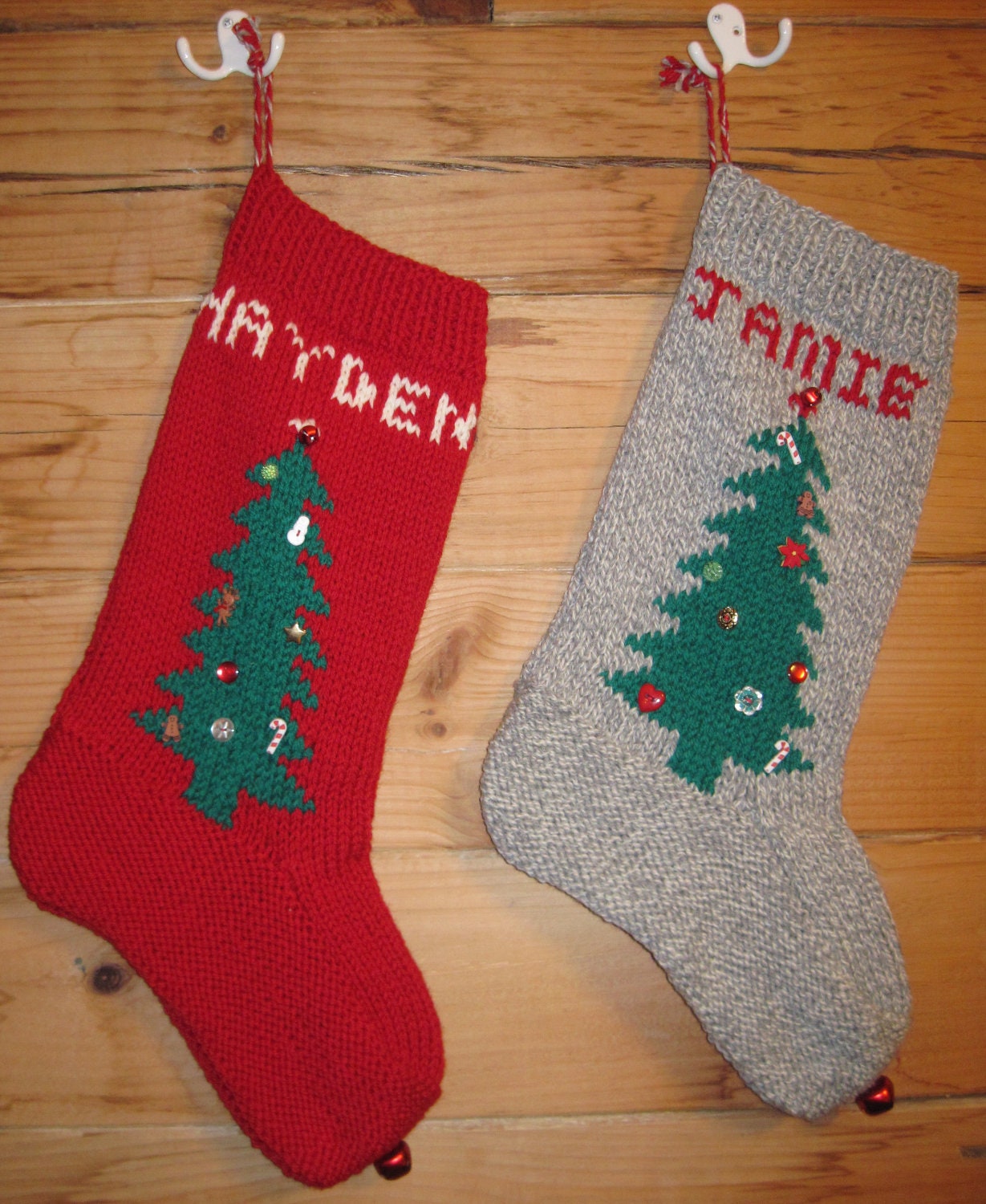 Hand Knit Christmas Stocking Wool With Christmas Tree Design Button Ornaments Made to Order