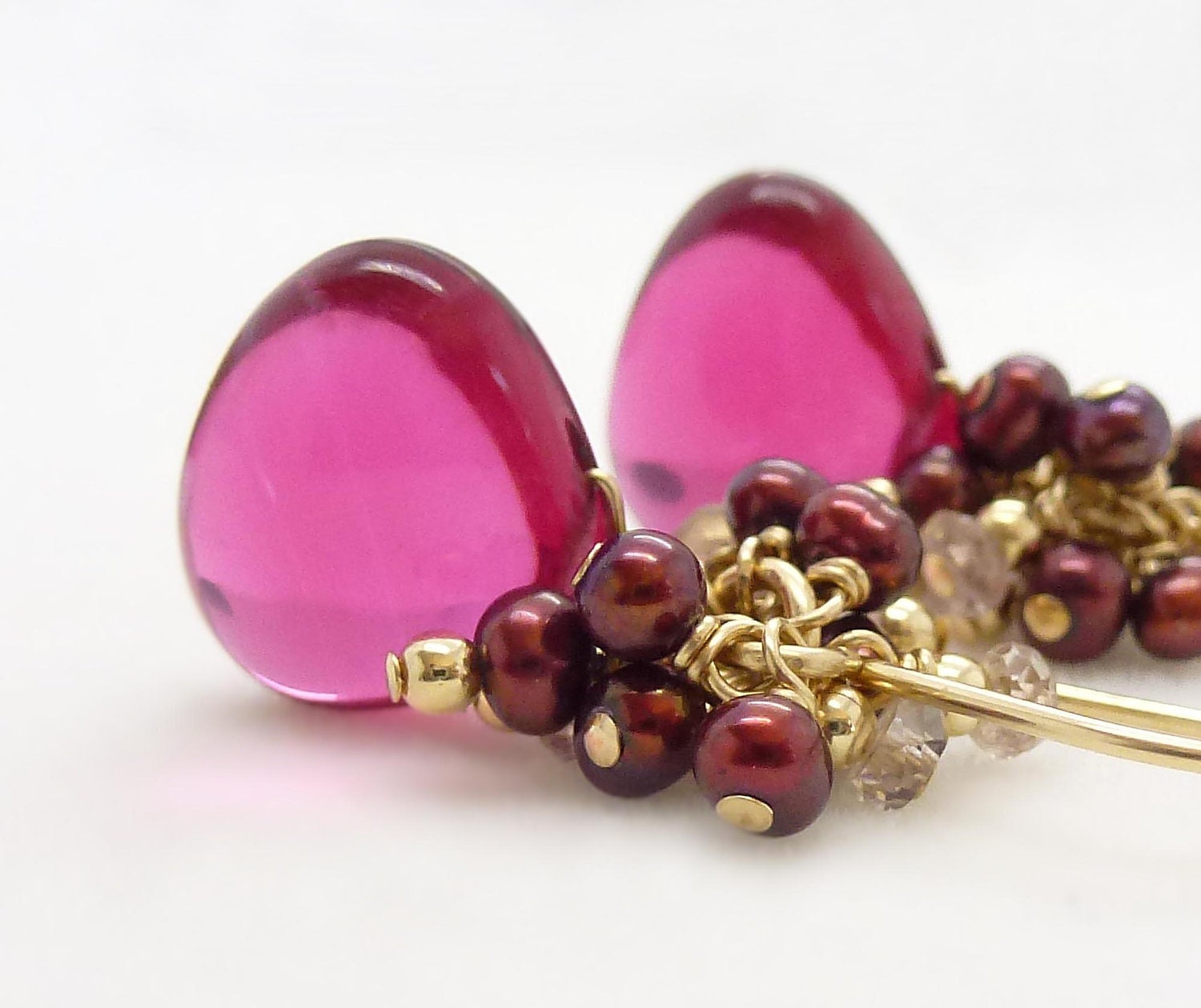 Dark pink cluster earrings, Gold and pink earrings, Gold wire wrapped earrings, Handmade pink jewelry , Dark pink rubelite quartz earrings