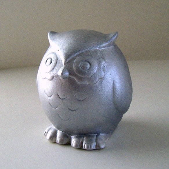 Ceramic Owl Painted Metallic Silver Gray Modern Woodland Nature Birds Figurine Home Decor