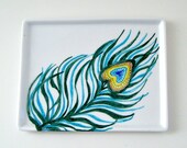 Peacock Feather Tray Ceramic Hand Painted Turquoise Blue Green Yellow Brown Nature Home Decor Modern small Platter