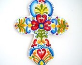 Ceramic cross hand painted Swedish folk art Celtic Cross Turquoise Blue Yellow Red Hearts Wall Hanging - MADE TO ORDER
