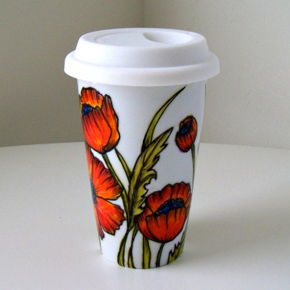 Ceramic Travel Mug Red Poppies Flowers Spring Orange Fall Botanicals Eco Friendly coffee cup green leaves