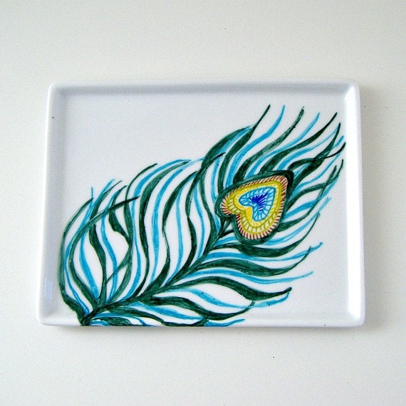 Peacock Feather Tray Ceramic Hand Painted Turquoise Blue Green Yellow Brown Nature Home Decor Modern small Platter