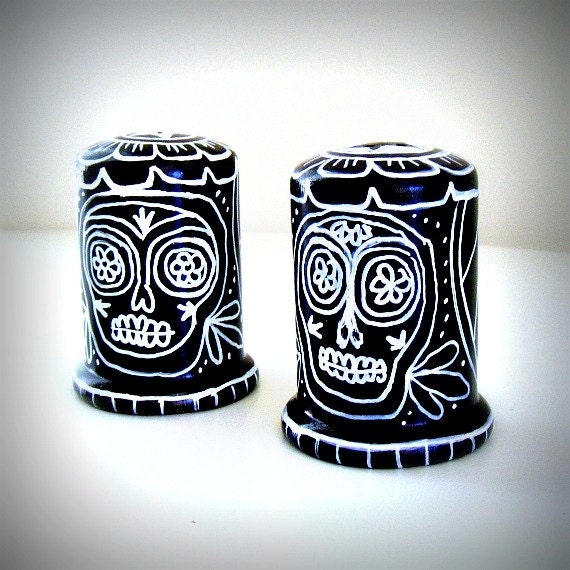 Sugar Skulls Salt and Pepper Shakers Ceramic Black White Voodoo Painted Day of the Dead Folk Art Tabletop - MADE TO ORDER