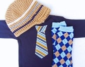 Ready to Ship, 3-piece Get the Set & Save - Navy, Khaki Beanie, Leg Warmers, Tie Onesie - Baby Shower Gift Set, baby boy clothing