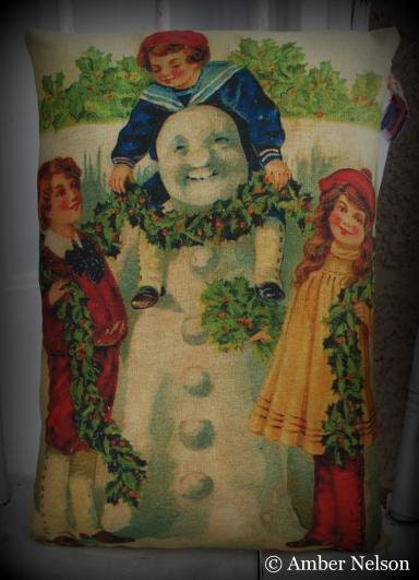 Frosty the Snowman and children with Christmas Garland Winter Pillow
