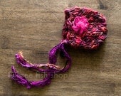 Ella Chunky Knit Bonnet with Organza Flower and Sari Ribbons - Size 00 - Newborn Photo Prop - Fall Baby Girl Hat - Vintage Inspired - Rustic
