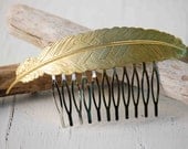 Large Gold FEATHER Hair Comb Autumn Woodland Whimsical Nature Bridal Gold LEAF
