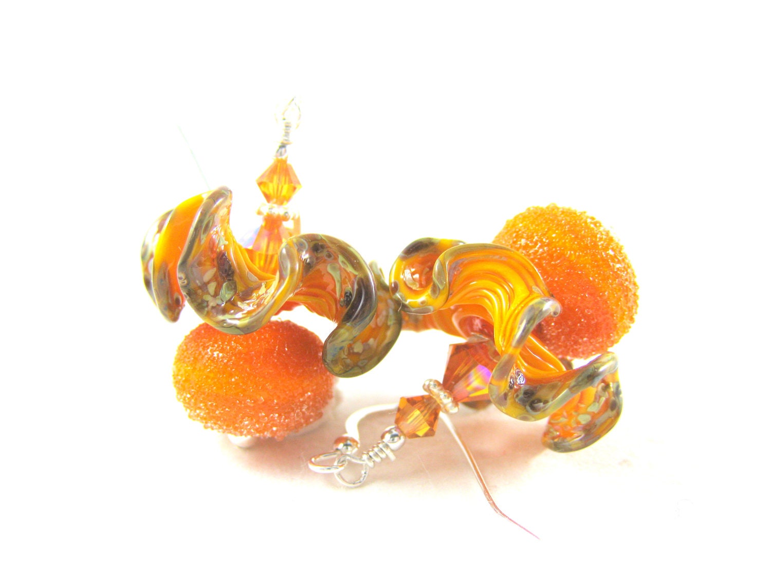 Orange Lampwork Earrings, Pumpkin Orange Glass Bead Earrings, Topaz Beadwork Earrings,  Funky Dangle Earrings, Unusual Earrings - Fire Dance
