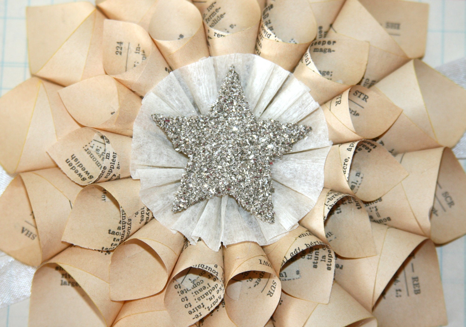 Paper Cone Wreath Vintage French Dictionary Pages w/Genuine German Silver Glass Glitter Star Center