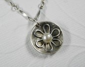 Handmade Cupped Silver Flower and Pearl Pendant