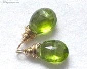 August Birthstone Bright Olive Green Peridot Matched Set of 2 Wirewrapped Stone Charm Drops for Earrings, (1 PAIR) Gold or Silver