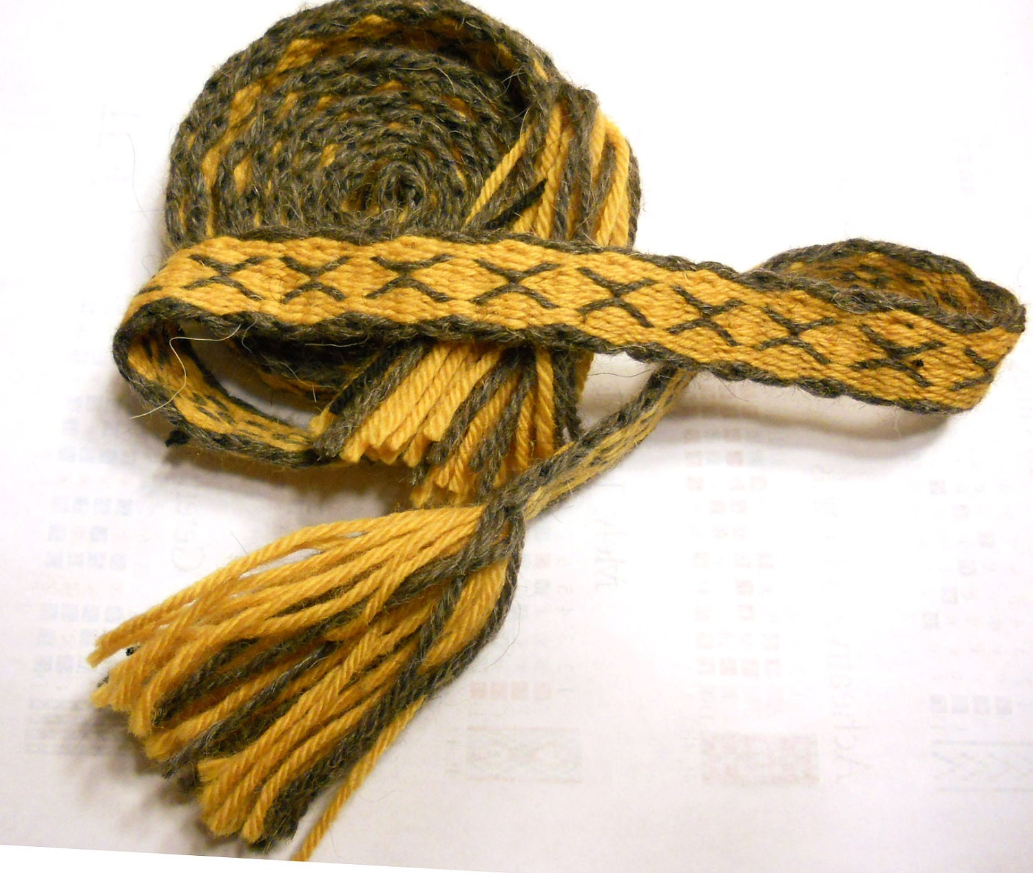 Ancient Rune Handwoven Wool Belt - 81 inches - Gold, Gray