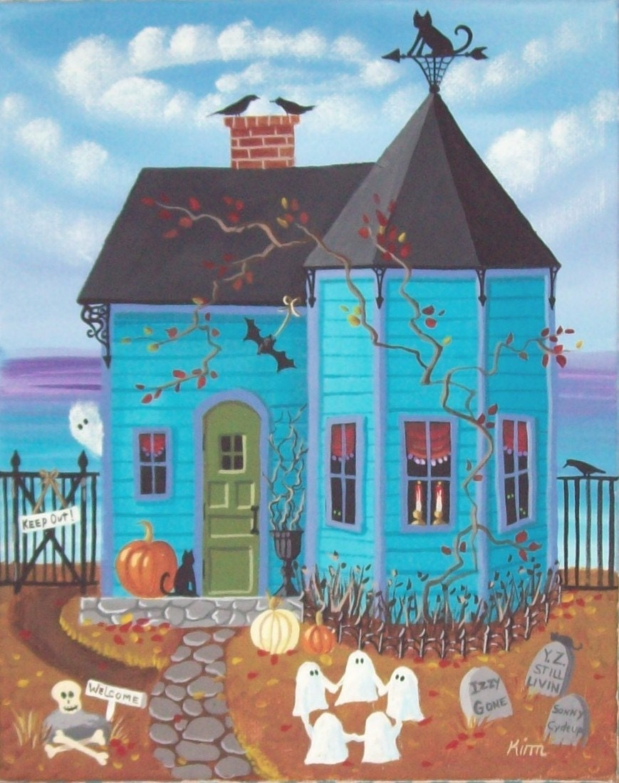 Black Bat Bay Cottage Folk Art Print
