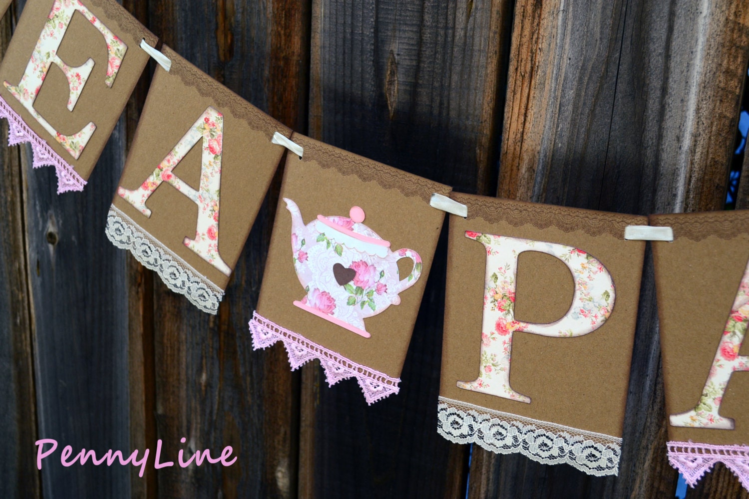 Tea Party Banner Sign, Bridal Shower Garland Handmade, Wall, Table Decoration, Vintage Look - Shabby Chic, Victorian, Classic