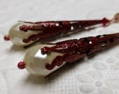 Earrings Enameled Filigree Glass Pearl Poppy Red Cream