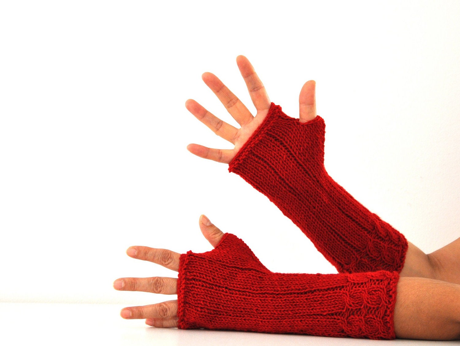 Gloves Fingerless Gloves Armwarmers Red Long Wrist Warmers Hand Knit Warm Cozy