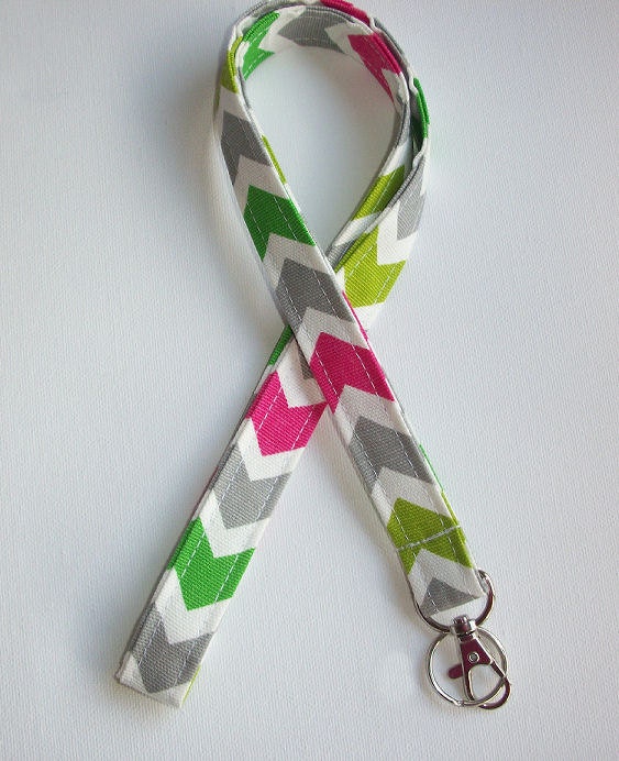 Lanyard  ID Badge Holder - candy pink green lime Chevron zigzag Zig zag  - Lobster clasp and key ring