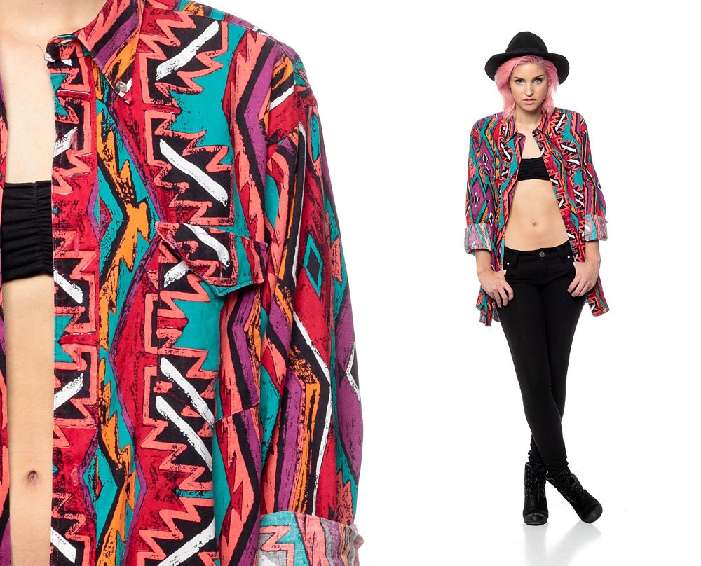 Southwest Shirt 90s AZTEC Geometric Southwestern Print Oversized 1990s Button Up Long Sleeve Vintage Crazy Men Women Small Medium Large