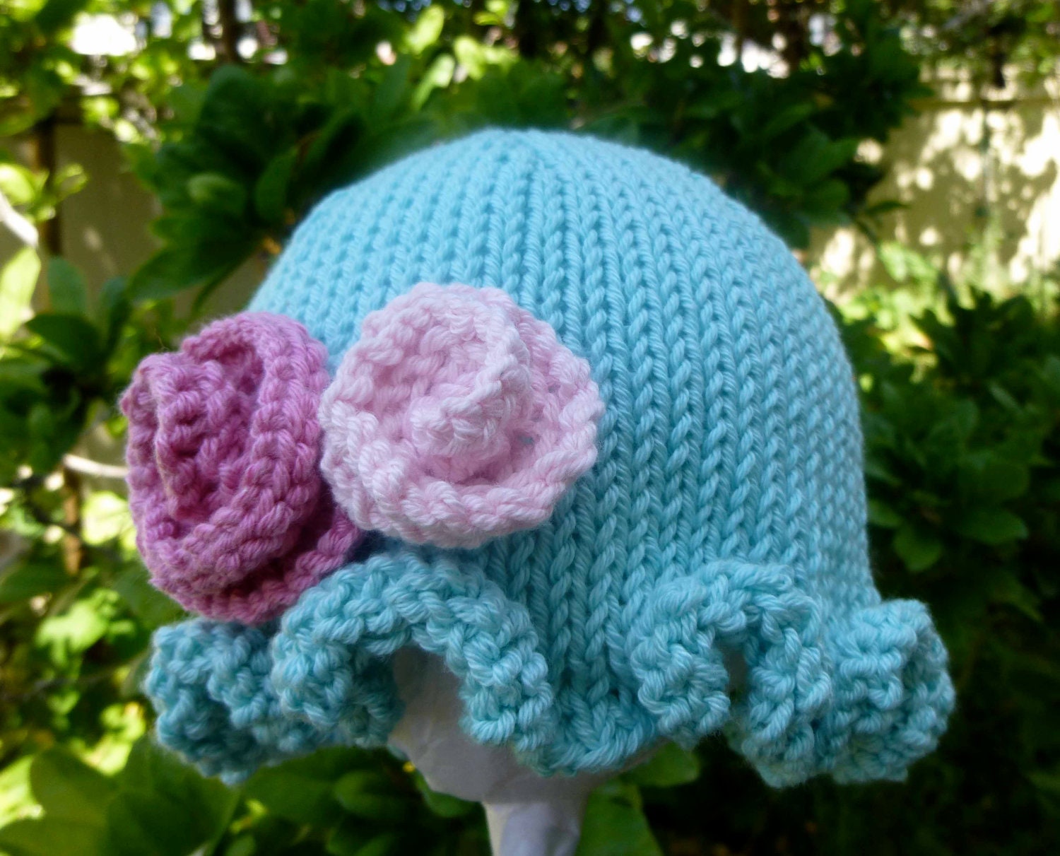 Adorable Hand Knit Baby Hat Ruffled Brim Flower Trim