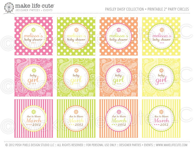 DAISY BABY - Printable 2 inch Party Circles - Baby Shower - DIY Paisley Daisy Collection - by Make Life Cute Il_570xn