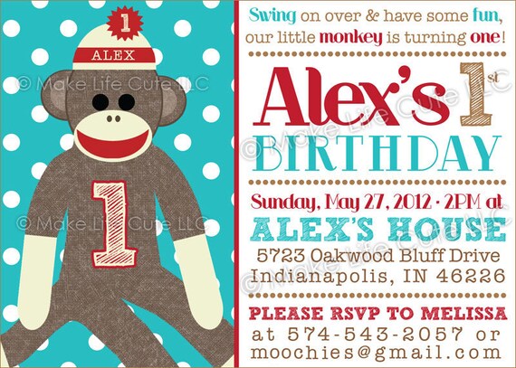 SOCK MONKEY - Printable 5"x7" Invitation - Birthday - DIY Sock Monkey Collection - by Make Life Cute Il_570xn