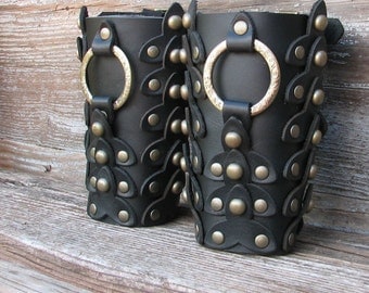 Reenactment LARP Black Scaled Leather Bracers or Gauntlets with Antiqued Etched Brass Ring and Hardware