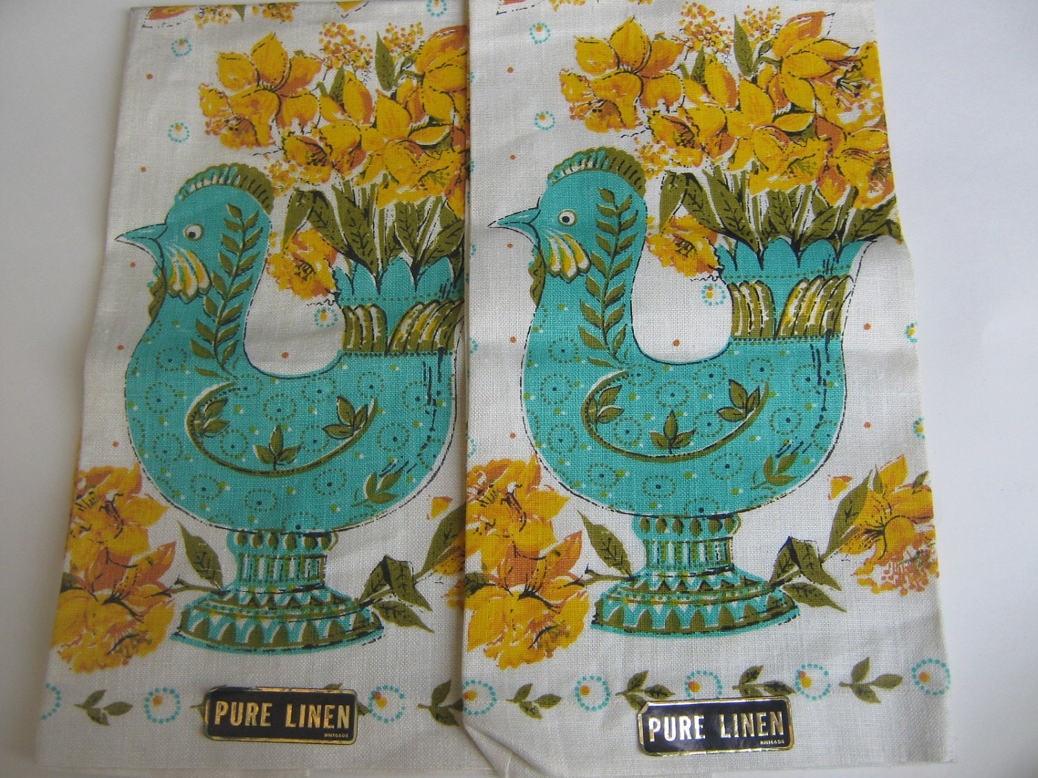 Vintage New Turquoise Hen Linen Tea Towels 1 pair