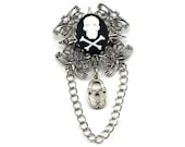 Unisex Gothic Brooch / Pendant COMBO - Double-cross - with White on Black Skull and Crossbones Pirate Cameo - By Ghostlove
