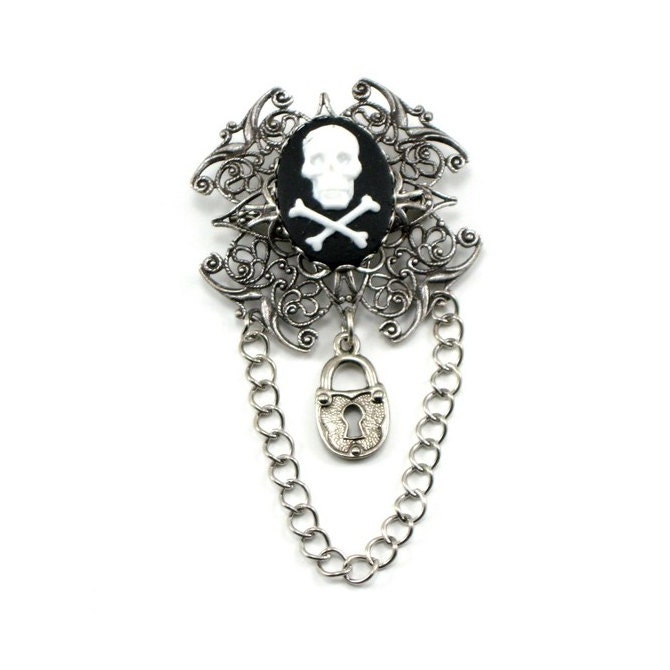 Unisex Gothic Brooch / Pendant COMBO - Double-cross - with White on Black Skull and Crossbones Pirate Cameo - By Ghostlove