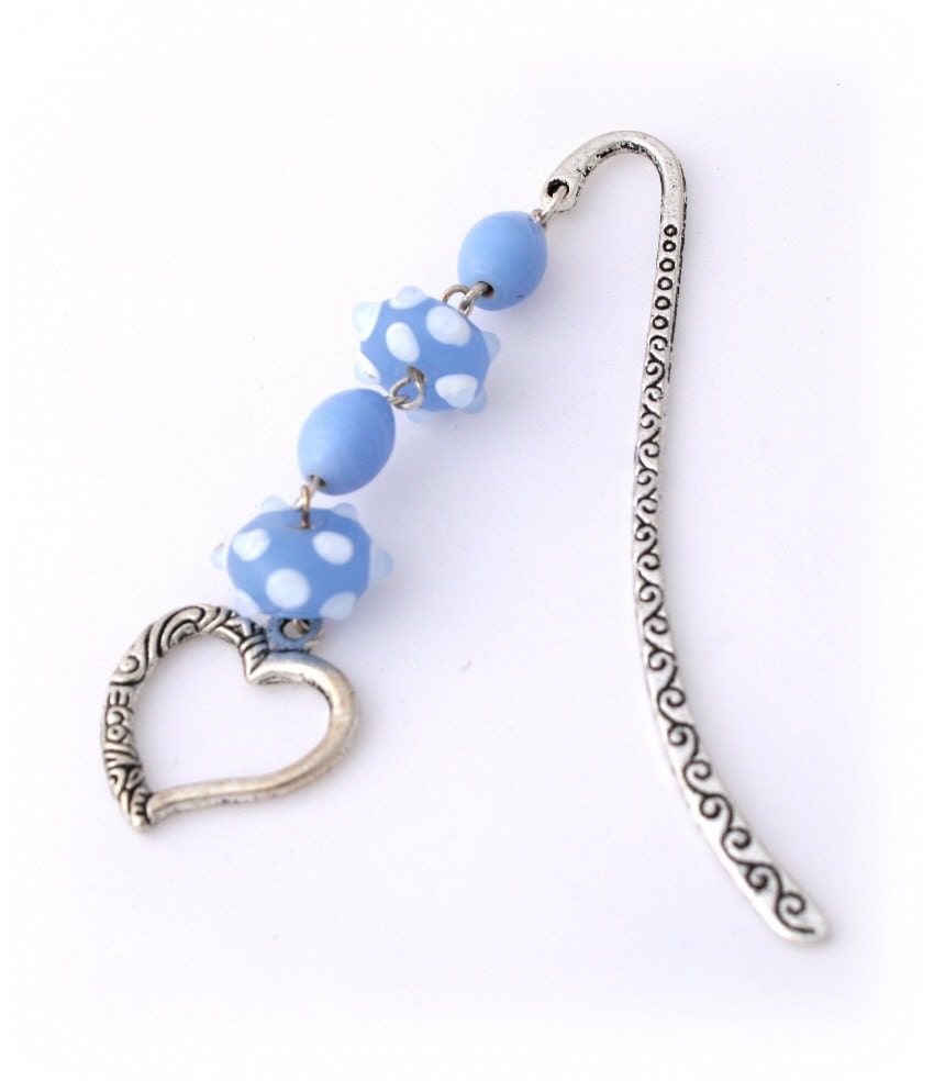 Blue Beaded Bookmark - Pale Blue White Baby Ice Blue - Silver Heart - Spotted Baby Blue - Bespoke Beaded Design - Lottieoflondon