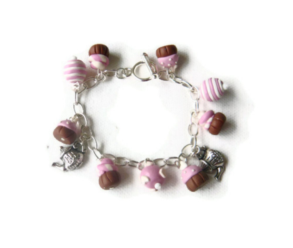 Pink Cupcake Charm Bracelet - Pastel Pink White Pale Pink - Mothers Day Gift - Tea and Cake - Bespoke Polymer Clay Design Made to Order