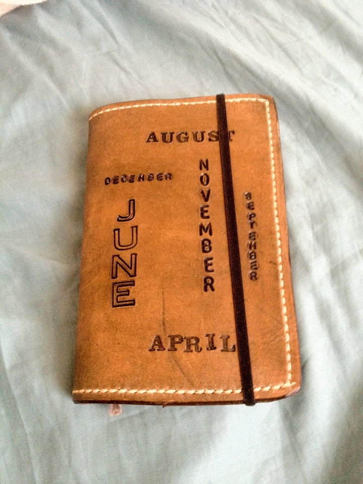 Handmade Stitched Leather Pocket Moleskine Journal Planner Cover - Brown with Months of the Year