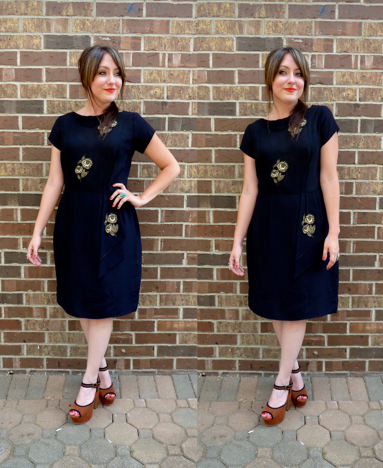 vintage 1950s dress/ 50s black rayon cocktail dress/ beaded floral appliqué