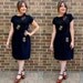 vintage 1950s dress/ 50s black rayon cocktail dress/ beaded floral appliqué
