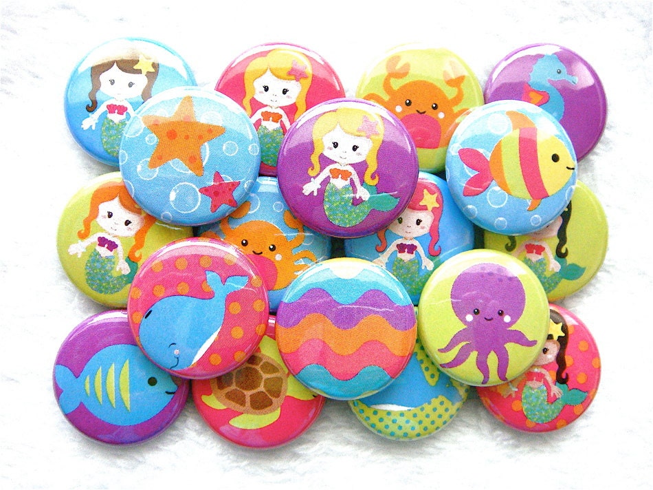 Mermaid Buttons - PIN BACK - 1 inch pinback buttons - mermaid party favors