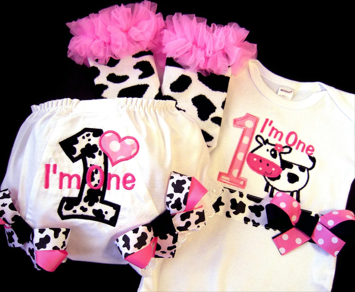 First Birthday Girl Bodysuit, Cow, Farm, Pink and Black