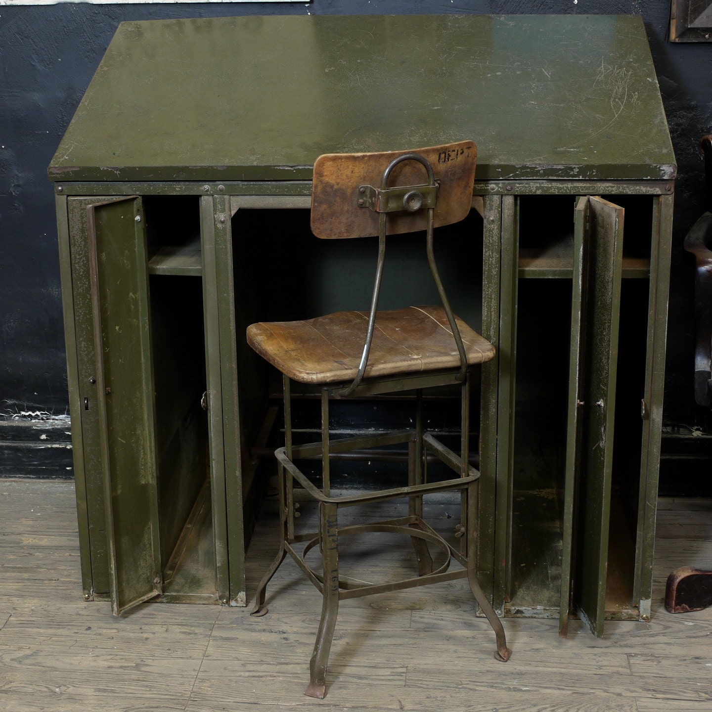Vintage Industrial Drafting Table, Metal Print Cabinet Desk