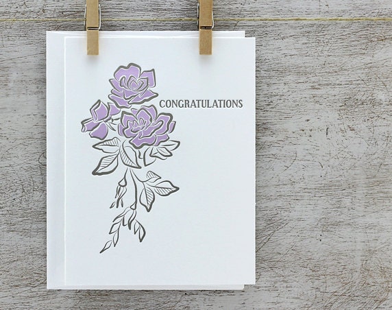 Rose Congratulations Letterpress Greeting Card - Rose Wedding Card - Plum Violet Lavender Lilac Purple (CN01)