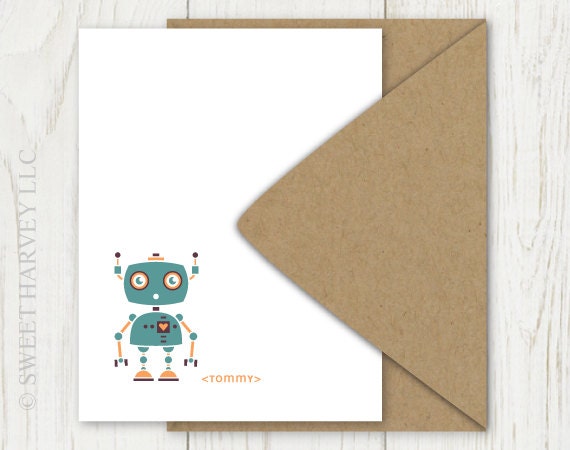 Futuristic Robot Personalized Stationery - Personalized Stationary - Fathers Day, Graduation, Teal Blue - Flat Note Cards (Set of 10)