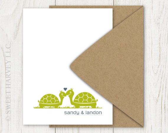 Turtles Love Couple Personalized Stationery - Flat Note Cards - Chartreuse Green, Navy Blue, Choose Your Color (Set of 10)