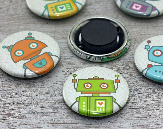 Robot Magnet Set in Gift Tin: Refrigerator Magnets - Robot, Geekery, Men, Geometric Pattern, Colorful, Kids, Neon, Green, Blue (Set of 6)