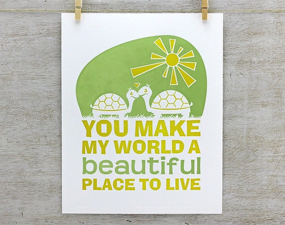 Letterpress Poster: Turtle Typography - Inspirational Quote Art Print - Nursery Art, Sage Green, Yellow, Grey Jade (PBA1)
