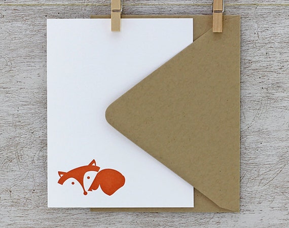 Fox Note Card Set - Fox Letterpress Stationery Set - Laying Fox, Autumn, Fall, Red, Rust Orange - 10 pack (NLF1)