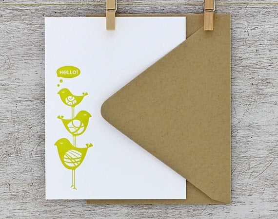 Bird Stack Letterpress Flat Note Card Set -  Bamboo Mustard Yellow, Geometric Pattern, Spring, Summer, Hello - 10 pack (NBS01)