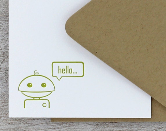 Robot Note Card Set Letterpress Geekery - Fathers Day - Chartreuse Green Techie, Spring, Summer - 10 pack (NRH1)