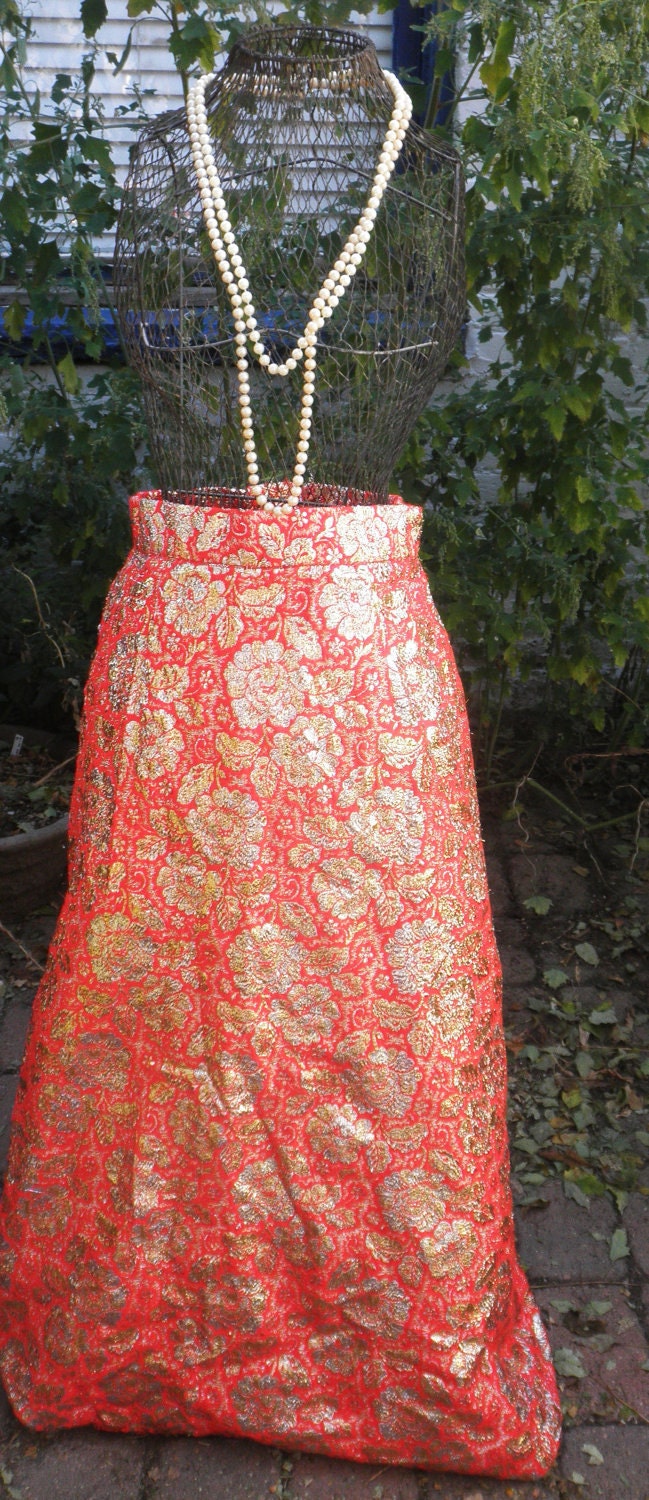 Glitter Gold and Red Maxi Floral 1960s Holiday Party Formal Skirt S/M